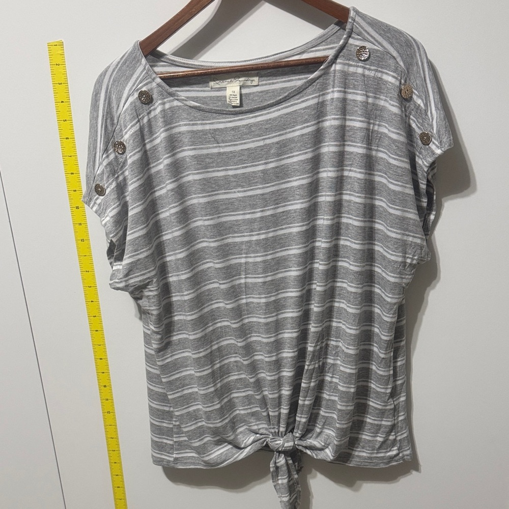 French Laundry Gray & White Striped Tie-Front Tee